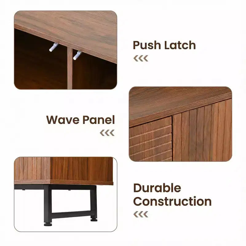 JVNOXK 59 Zoll Mid-Century Modern Multifunktionales Sideboard Geometrisch Geschnitzter Aufbewahrungsschrank mit Metallbeinen Ideal für Esszimmer Holz