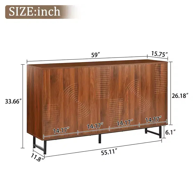 JVNOXK 59 Zoll Mid-Century Modern Multifunktionales Sideboard Geometrisch Geschnitzter Aufbewahrungsschrank mit Metallbeinen Ideal für Esszimmer Holz