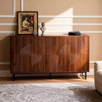 JVNOXK 59 Zoll Mid-Century Modern Multifunktionales Sideboard Geometrisch Geschnitzter Aufbewahrungsschrank mit Metallbeinen Ideal für Esszimmer Holz