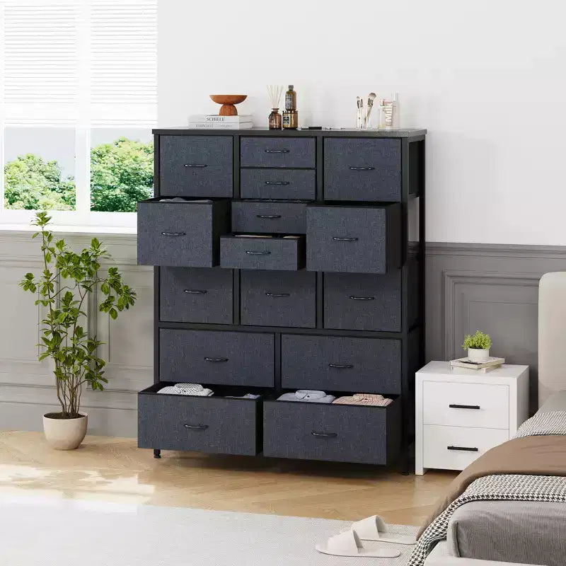 48 Zoll hoher Kleiderschrank mit 15 Schubladen, Stoffkommode mit Metallrahmen, Holzplatte, Aufbewahrungsschrank für Schlafzimmer, Schrank, Flur