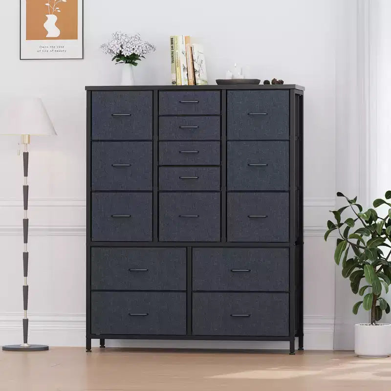 48 Zoll hoher Kleiderschrank mit 15 Schubladen, Stoffkommode mit Metallrahmen, Holzplatte, Aufbewahrungsschrank für Schlafzimmer, Schrank, Flur