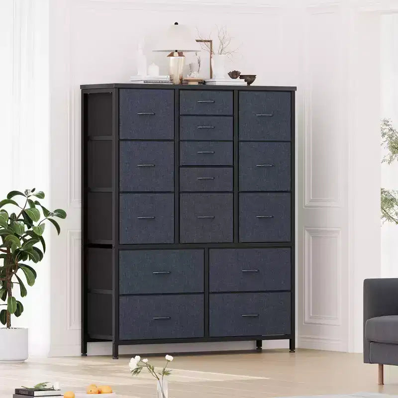 48 Zoll hoher Kleiderschrank mit 15 Schubladen, Stoffkommode mit Metallrahmen, Holzplatte, Aufbewahrungsschrank für Schlafzimmer, Schrank, Flur