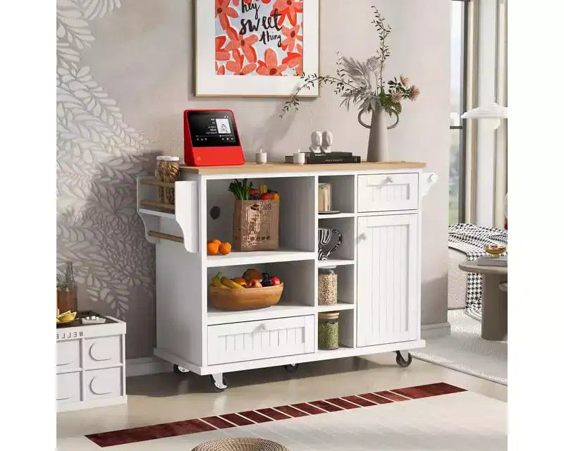 Kitchen Island Cart, Storage Cabinet with Microwave Rack and Two Locking Wheels, Solid Wood Desktop, Freestanding for Home Kitchen