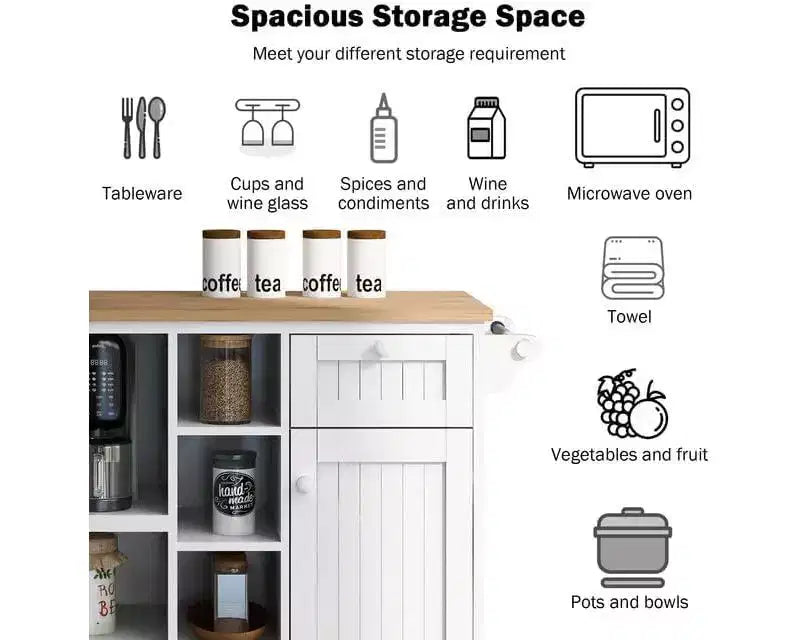 Kücheninseltrolley, Lagerschrank mit Mikrowellenregal und zwei feststellbaren Rollen, Arbeitsplatte aus Massivholz, freistehend für die Heimküche