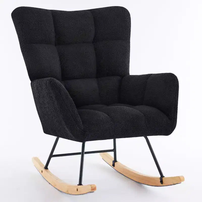 Furniliving Faux Shearling Upholstered Rocking Chair, Recliner Armchair with High Backrest & Wooden Leg