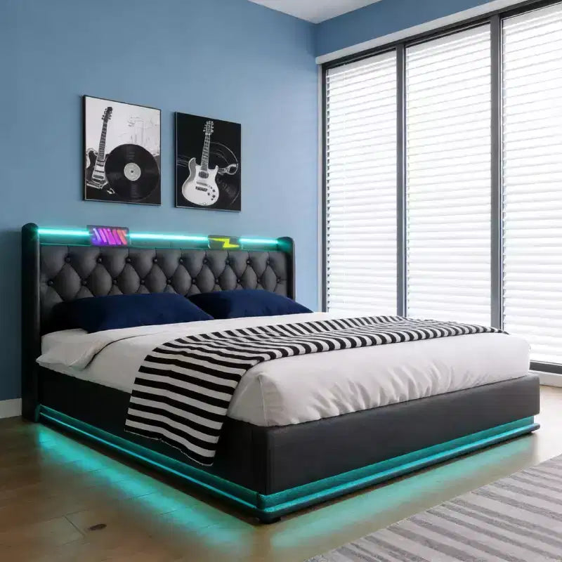 Luxystar Polsterbett in Standardgröße mit hydraulischem Stauraum, RGB-Beleuchtung, USB- und Typ-C-Anschlüssen