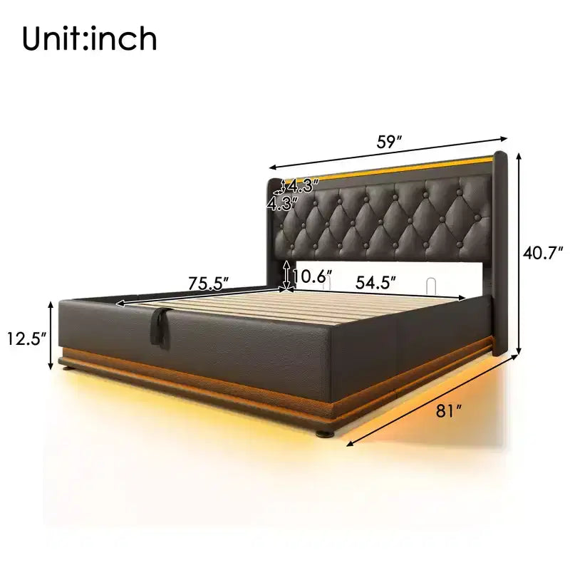 Luxystar Polsterbett in Standardgröße mit hydraulischem Stauraum, RGB-Beleuchtung, USB- und Typ-C-Anschlüssen