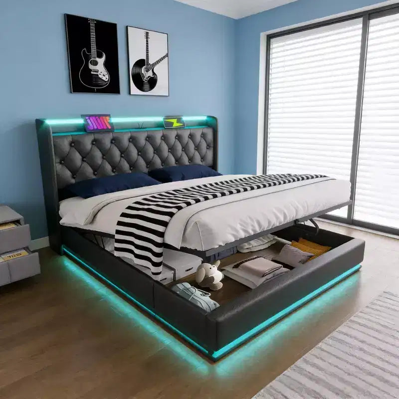 Luxystar Full Size Upholstered Bed With Hydraulic Storage, RGB Lights, USB and Type-C Ports