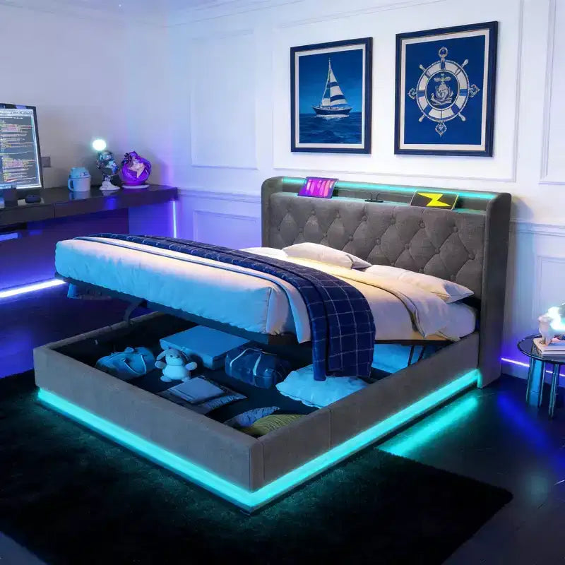 Luxystar Polsterbett in Standardgröße mit hydraulischem Stauraum, RGB-Beleuchtung, USB- und Typ-C-Anschlüssen