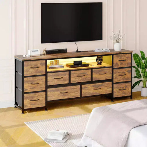 Kommode mit 11 Schubladen, TV-Ständer für 70-Zoll-Fernseher, Unterhaltungszentrum mit Stauraum, Schubladenkommode mit offenen Regalen für Wohnzimmer, Schlafzimmer