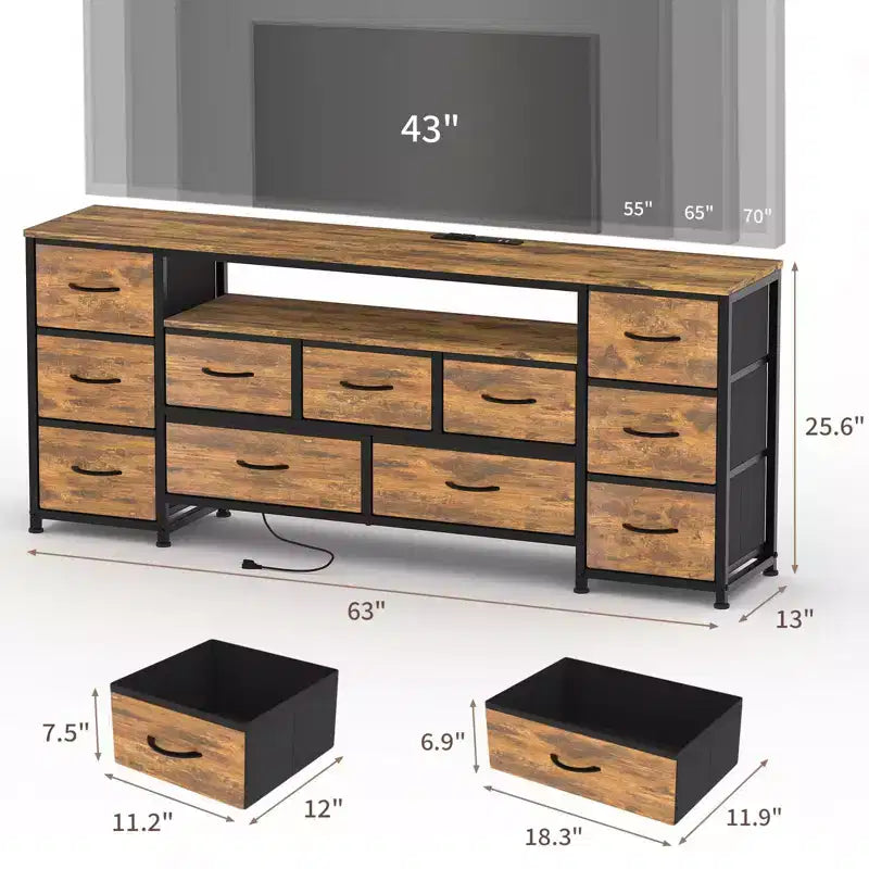 Kommode mit 11 Schubladen, TV-Ständer für 70-Zoll-Fernseher, Unterhaltungszentrum mit Stauraum, Schubladenkommode mit offenen Regalen für Wohnzimmer, Schlafzimmer