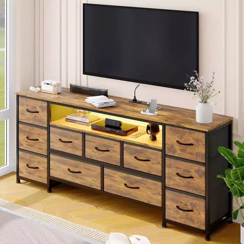Kommode mit 11 Schubladen, TV-Ständer für 70-Zoll-Fernseher, Unterhaltungszentrum mit Stauraum, Schubladenkommode mit offenen Regalen für Wohnzimmer, Schlafzimmer