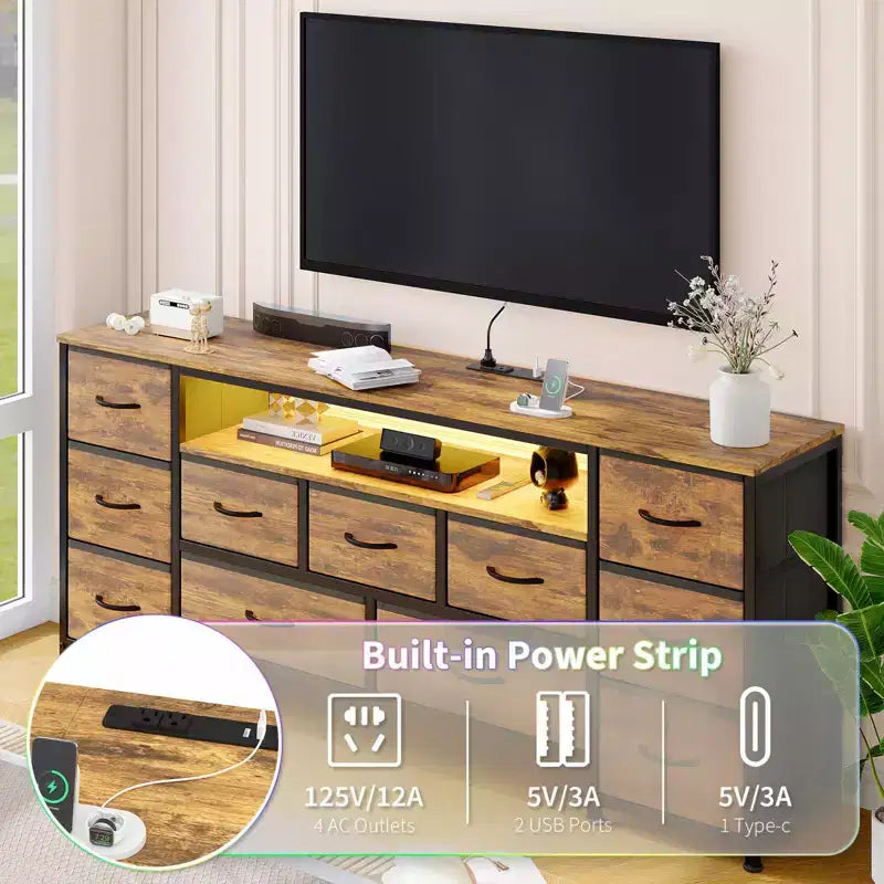 Kommode mit 11 Schubladen, TV-Ständer für 70-Zoll-Fernseher, Unterhaltungszentrum mit Stauraum, Schubladenkommode mit offenen Regalen für Wohnzimmer, Schlafzimmer