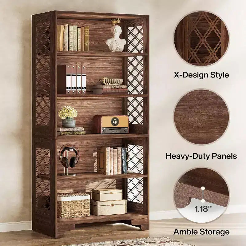 Lantine 71 Zoll großes Bücherregal, 6-stöckiges großes Mid-Century Bücherregal mit 5 Ablagefächern für Wohnzimmer, Home Office