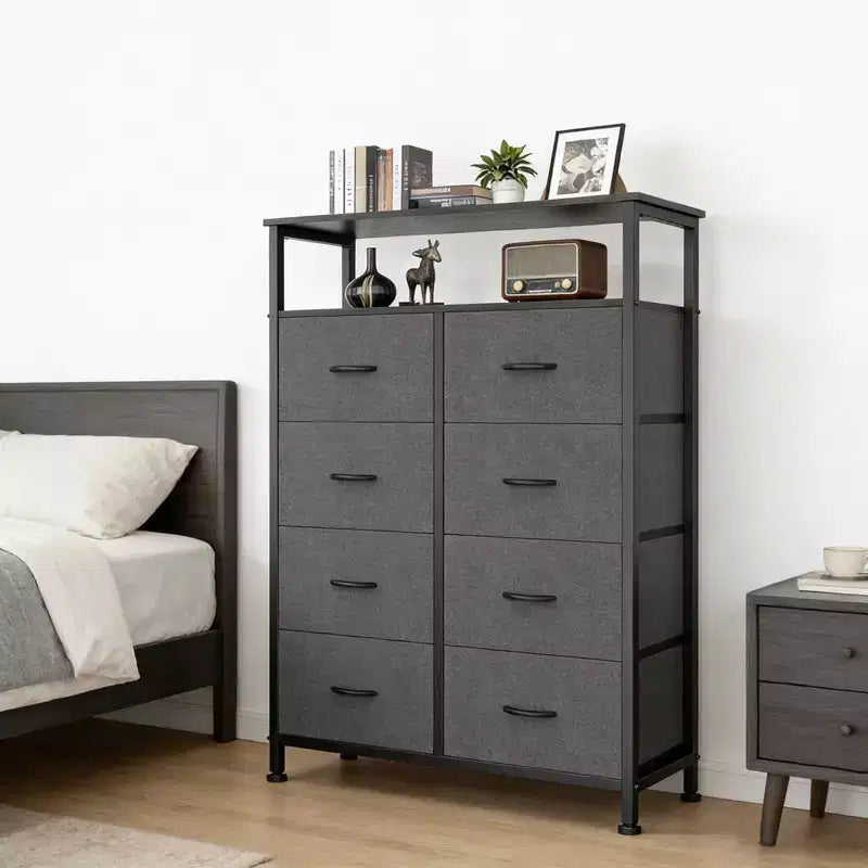 MAYEERTY 116,5 cm großer Stoffschrank mit 8 Schubladen, hoher Aufbewahrungsschrank mit offenem Regal für Schlafzimmer und Garderobe