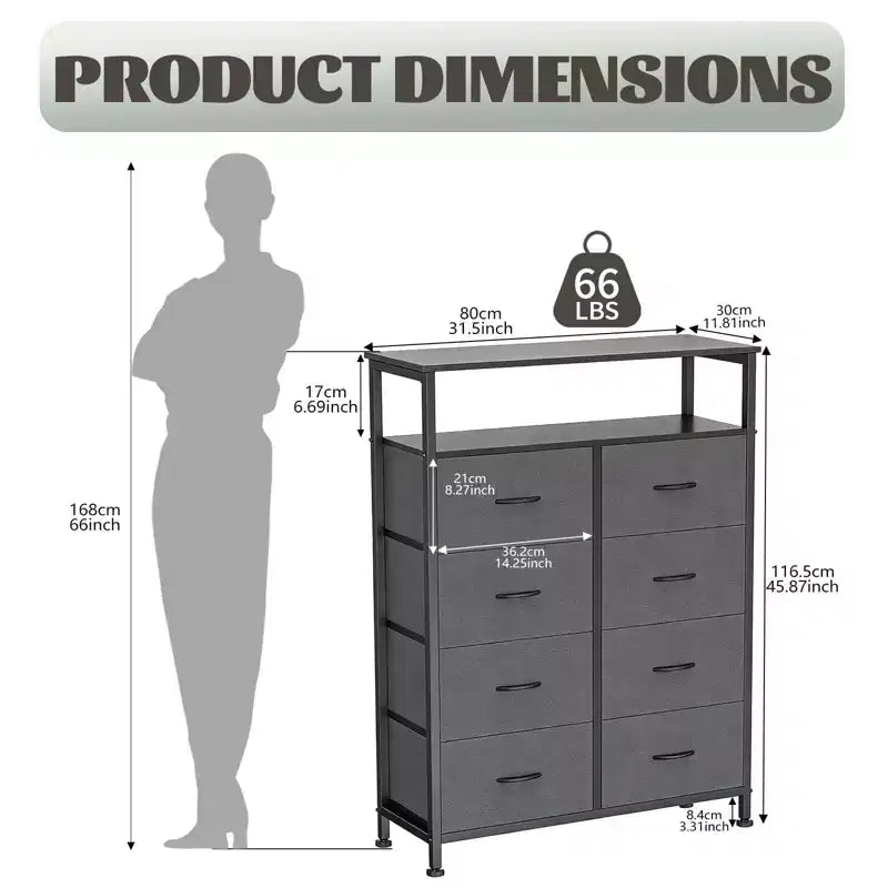 MAYEERTY 116,5 cm großer Stoffschrank mit 8 Schubladen, hoher Aufbewahrungsschrank mit offenem Regal für Schlafzimmer und Garderobe