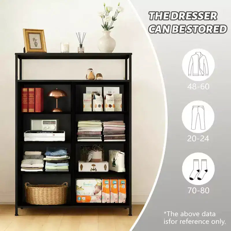MAYEERTY 116,5 cm großer Stoffschrank mit 8 Schubladen, hoher Aufbewahrungsschrank mit offenem Regal für Schlafzimmer und Garderobe