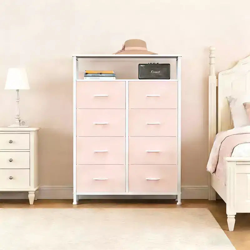 MAYEERTY 116,5 cm großer Stoffschrank mit 8 Schubladen, hoher Aufbewahrungsschrank mit offenem Regal für Schlafzimmer und Garderobe