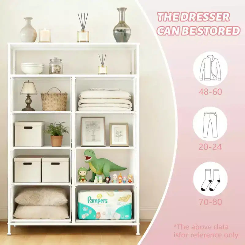 MAYEERTY 116,5 cm großer Stoffschrank mit 8 Schubladen, hoher Aufbewahrungsschrank mit offenem Regal für Schlafzimmer und Garderobe