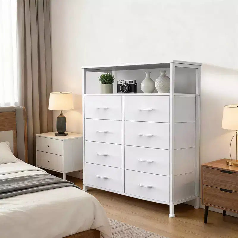 MAYEERTY 116,5 cm großer Stoffschrank mit 8 Schubladen, hoher Aufbewahrungsschrank mit offenem Regal für Schlafzimmer und Garderobe