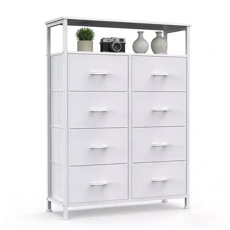 MAYEERTY 116,5 cm großer Stoffschrank mit 8 Schubladen, hoher Aufbewahrungsschrank mit offenem Regal für Schlafzimmer und Garderobe