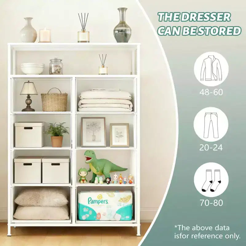 MAYEERTY 116,5 cm großer Stoffschrank mit 8 Schubladen, hoher Aufbewahrungsschrank mit offenem Regal für Schlafzimmer und Garderobe