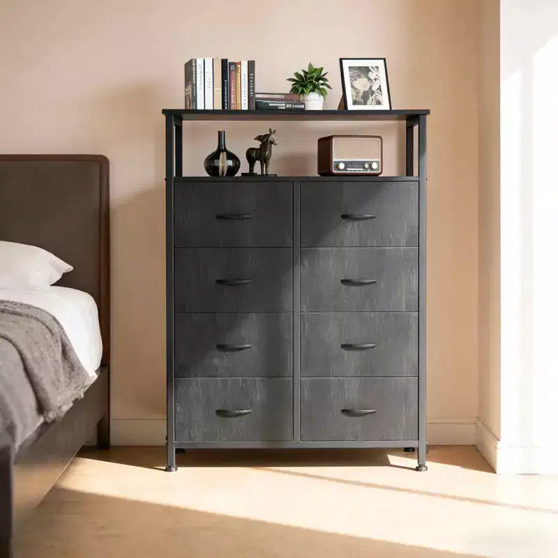 MAYEERTY 116,5 cm großer Stoffschrank mit 8 Schubladen, hoher Aufbewahrungsschrank mit offenem Regal für Schlafzimmer und Garderobe
