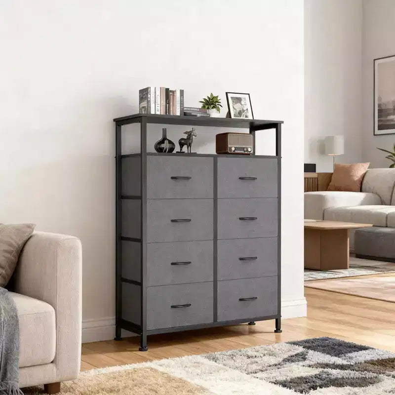 MAYEERTY 116,5 cm großer Stoffschrank mit 8 Schubladen, hoher Aufbewahrungsschrank mit offenem Regal für Schlafzimmer und Garderobe
