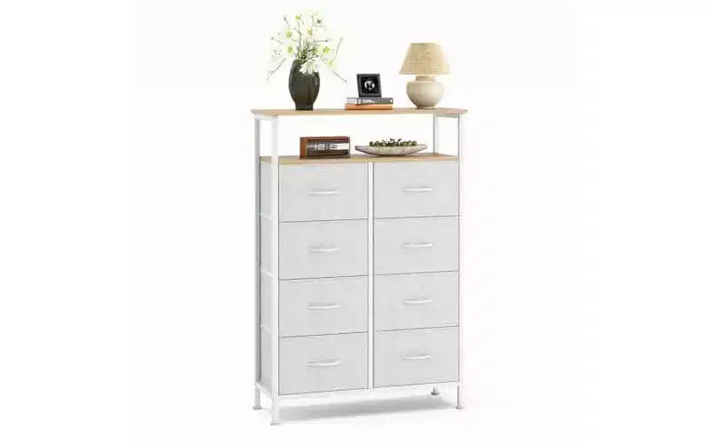 MAYEERTY 116,5 cm großer Stoffschrank mit 8 Schubladen, hoher Aufbewahrungsschrank mit offenem Regal für Schlafzimmer und Garderobe