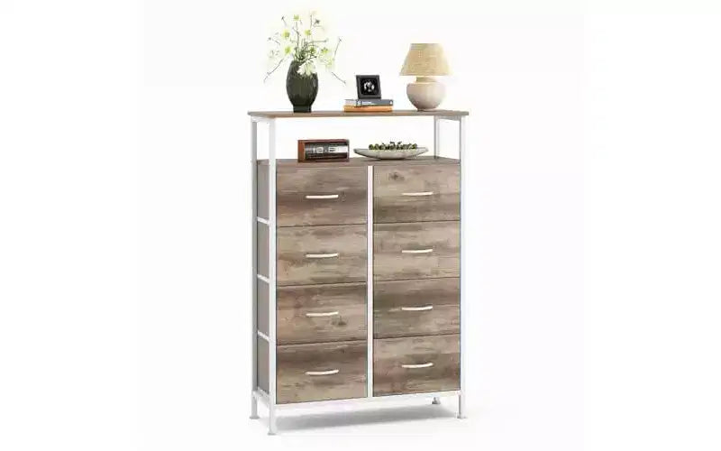 MAYEERTY 116,5 cm großer Stoffschrank mit 8 Schubladen, hoher Aufbewahrungsschrank mit offenem Regal für Schlafzimmer und Garderobe