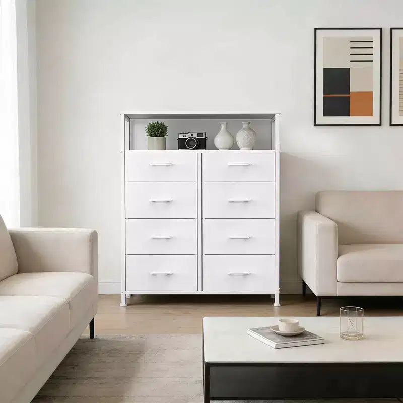 MAYEERTY 116,5 cm großer Stoffschrank mit 8 Schubladen, hoher Aufbewahrungsschrank mit offenem Regal für Schlafzimmer und Garderobe