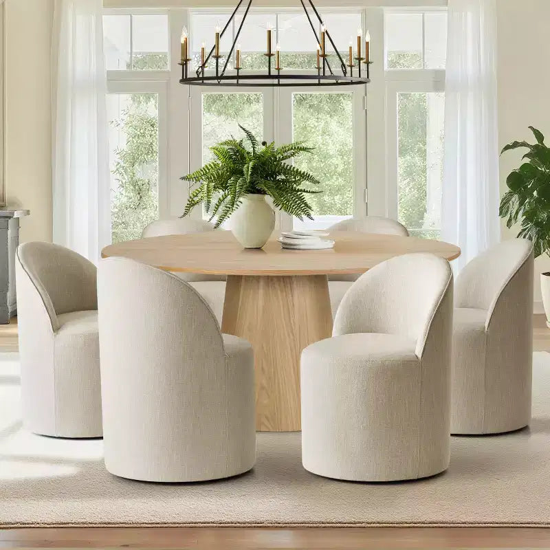 Round Dining Table Set For 6, Upholstered Barrel Dining Chairs With Castors, Linen Blend Fabric, Curved Back Support - Panipeachy