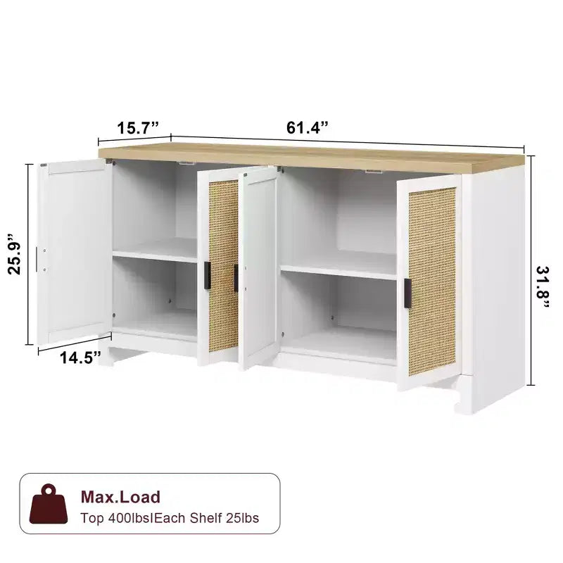 GustoWave Rattan-Akzentschrank mit 4 Türen und Regal – Moderner Konsolen-Kaffeebar-Schrank für Esszimmer, Küche, Wohnzimmer