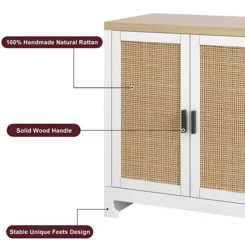 GustoWave Rattan-Akzentschrank mit 4 Türen und Regal – Moderner Konsolen-Kaffeebar-Schrank für Esszimmer, Küche, Wohnzimmer