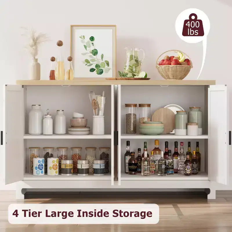 GustoWave Rattan-Akzentschrank mit 4 Türen und Regal – Moderner Konsolen-Kaffeebar-Schrank für Esszimmer, Küche, Wohnzimmer