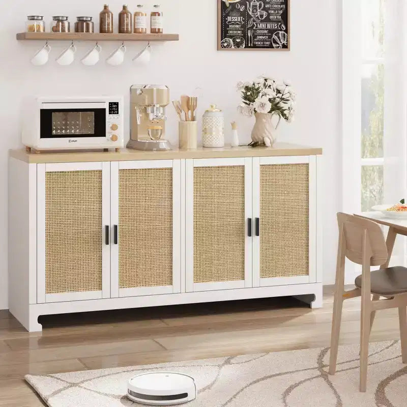 GustoWave Rattan-Akzentschrank mit 4 Türen und Regal – Moderner Konsolen-Kaffeebar-Schrank für Esszimmer, Küche, Wohnzimmer