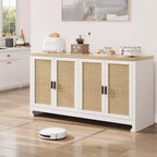 GustoWave Rattan-Akzentschrank mit 4 Türen und Regal – Moderner Konsolen-Kaffeebar-Schrank für Esszimmer, Küche, Wohnzimmer