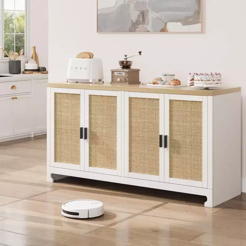 GustoWave Rattan-Akzentschrank mit 4 Türen und Regal – Moderner Konsolen-Kaffeebar-Schrank für Esszimmer, Küche, Wohnzimmer