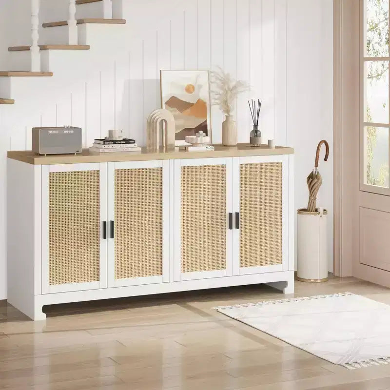 GustoWave Rattan-Akzentschrank mit 4 Türen und Regal – Moderner Konsolen-Kaffeebar-Schrank für Esszimmer, Küche, Wohnzimmer
