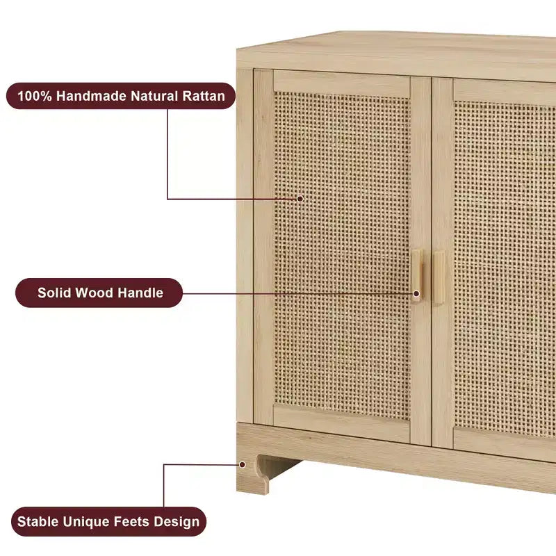 GustoWave Rattan-Akzentschrank mit 4 Türen und Regal – Moderner Konsolen-Kaffeebar-Schrank für Esszimmer, Küche, Wohnzimmer