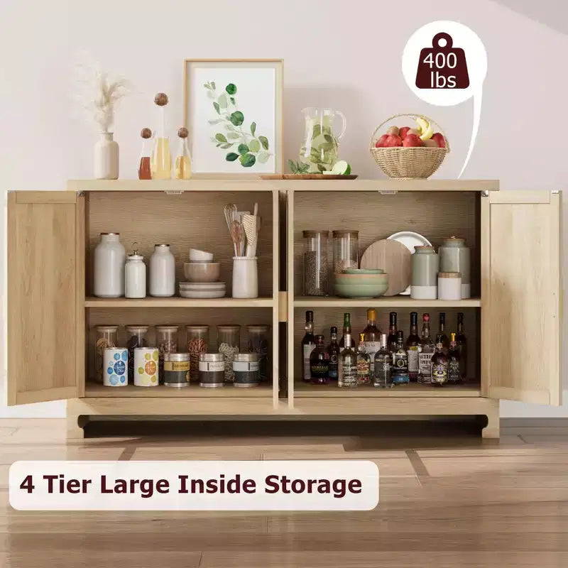 GustoWave Rattan-Akzentschrank mit 4 Türen und Regal – Moderner Konsolen-Kaffeebar-Schrank für Esszimmer, Küche, Wohnzimmer