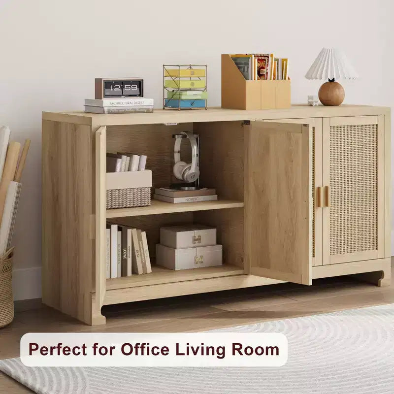 GustoWave Rattan-Akzentschrank mit 4 Türen und Regal – Moderner Konsolen-Kaffeebar-Schrank für Esszimmer, Küche, Wohnzimmer