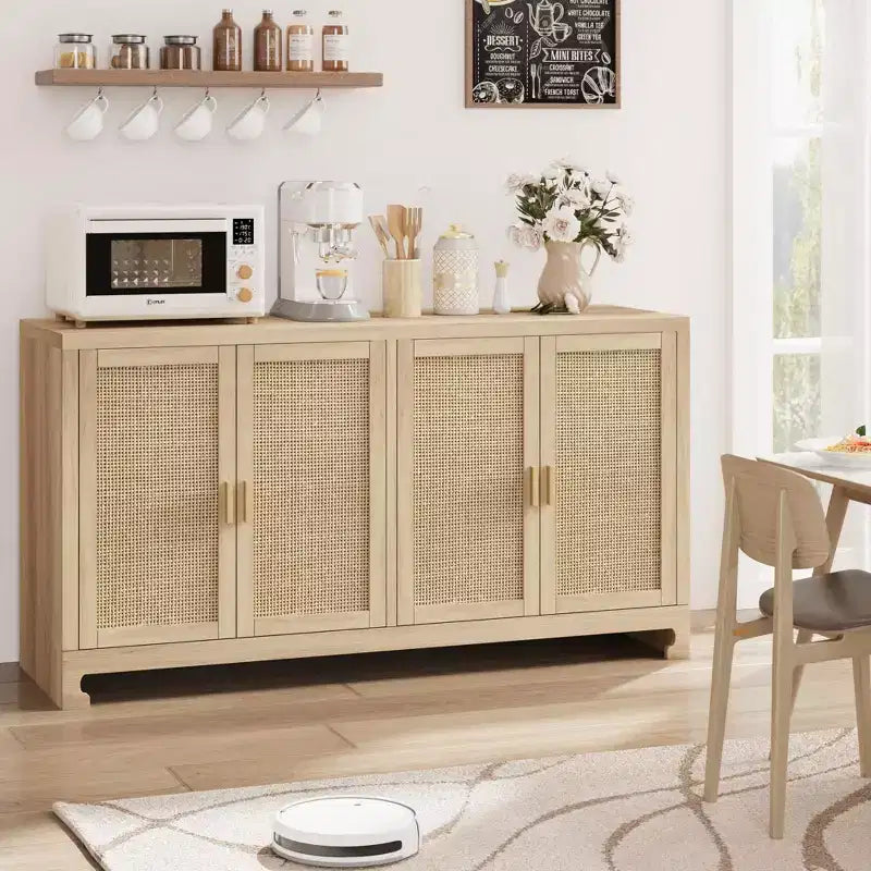 GustoWave Rattan-Akzentschrank mit 4 Türen und Regal – Moderner Konsolen-Kaffeebar-Schrank für Esszimmer, Küche, Wohnzimmer