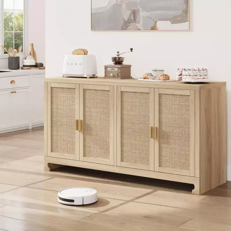 GustoWave Rattan-Akzentschrank mit 4 Türen und Regal – Moderner Konsolen-Kaffeebar-Schrank für Esszimmer, Küche, Wohnzimmer