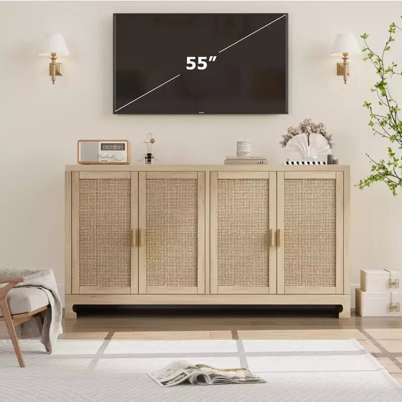 GustoWave Rattan Accent Storage Cabinet with 4 Doors and Shelf - Modern Console Coffee Bar Cabinet for Dining Room, Kitchen, Living Room