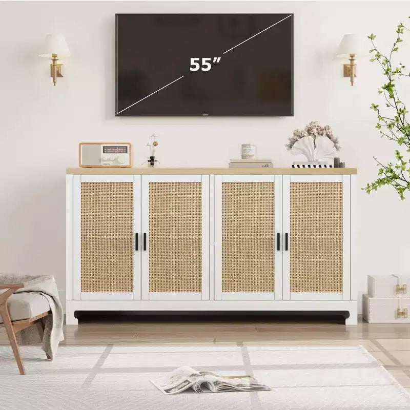 GustoWave Rattan-Akzentschrank mit 4 Türen und Regal – Moderner Konsolen-Kaffeebar-Schrank für Esszimmer, Küche, Wohnzimmer