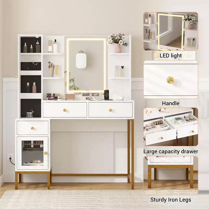 Schminktisch, Schminktisch mit 3 Beleuchtungsmodi und weich gepolstertem Hocker, Moderner Frisiertisch mit 3 Schubladen, Schrank und offenen Regalen