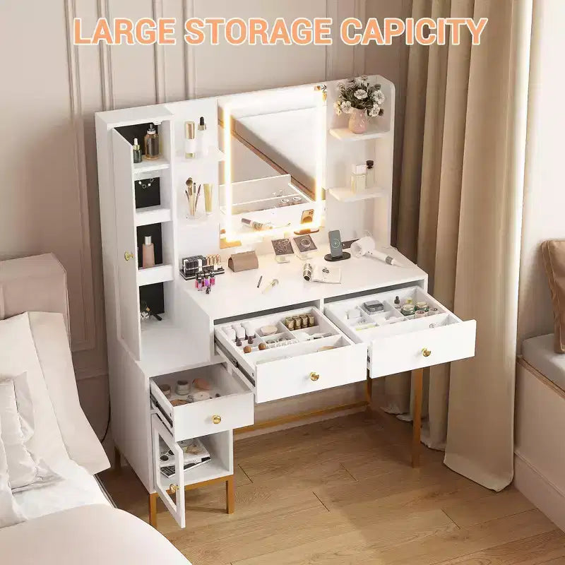 Schminktisch, Schminktisch mit 3 Beleuchtungsmodi und weich gepolstertem Hocker, Moderner Frisiertisch mit 3 Schubladen, Schrank und offenen Regalen