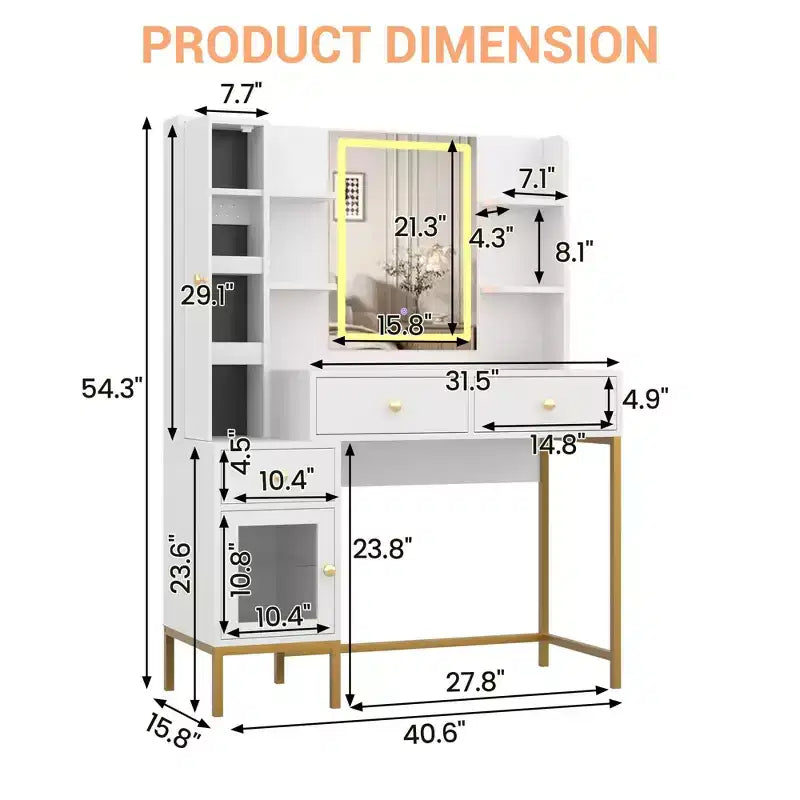 Schminktisch, Schminktisch mit 3 Beleuchtungsmodi und weich gepolstertem Hocker, Moderner Frisiertisch mit 3 Schubladen, Schrank und offenen Regalen