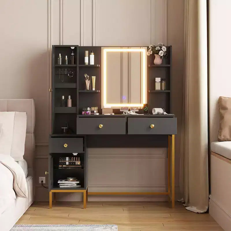 Schminktisch, Schminktisch mit 3 Beleuchtungsmodi und weich gepolstertem Hocker, Moderner Frisiertisch mit 3 Schubladen, Schrank und offenen Regalen